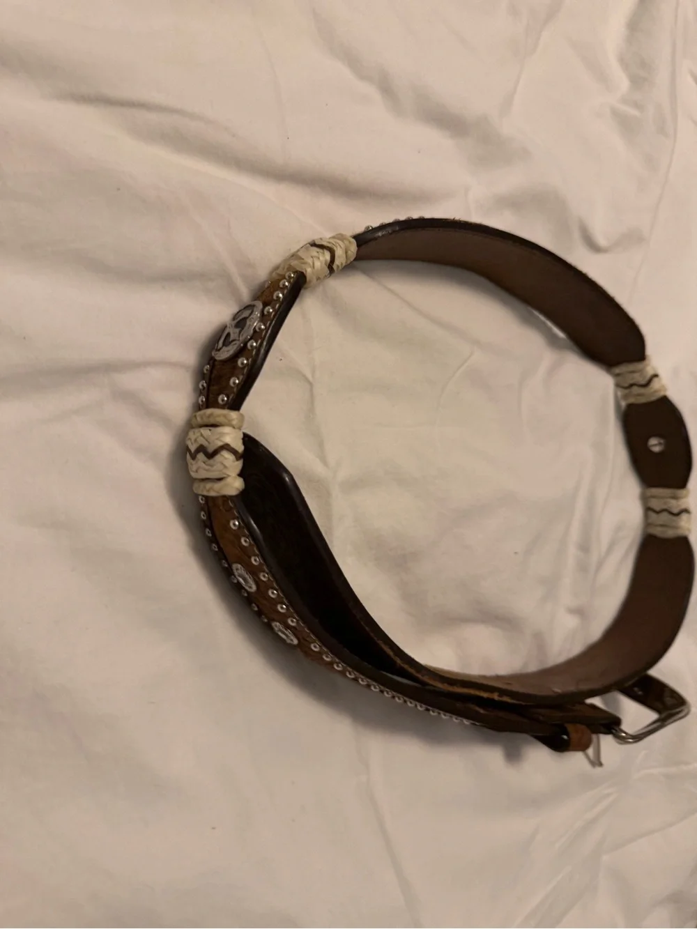 Decorative Brown Leather Studded Men's Belt with Silver Buckle